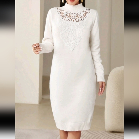 Elegant Solid Color Lace Patchwork Sweater Dress For Women, Autumn/Winter - Picture 5 of 6